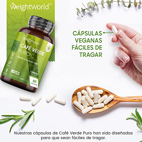 Café Verde Puro, Potente Fórmula 21000mg 90 Cápsulas Vegano - Suplemento Dietético Green Coffee 100% Natural, Fuente de Cafeína Pura, Vitamina B, Magnesio, Potasio, Manganeso Y Niacina, Dieta Keto