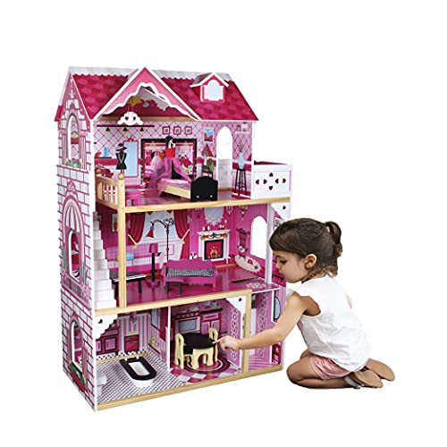 Calma Dragon Casa de Muñecas W06A101, de Madera con Muebles Incluidos, Mansion para muñecas, 3 Pisos para muñecas de 30cm, con Ascensor y 11 Accesorios.