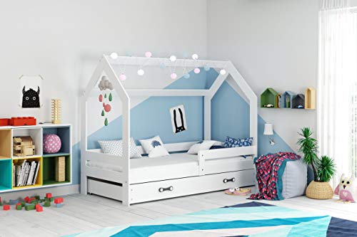 Cama infantil CASA 160x80 de mader de pino, color blanco, con somier, colchón de espuma y cajón GRATIS