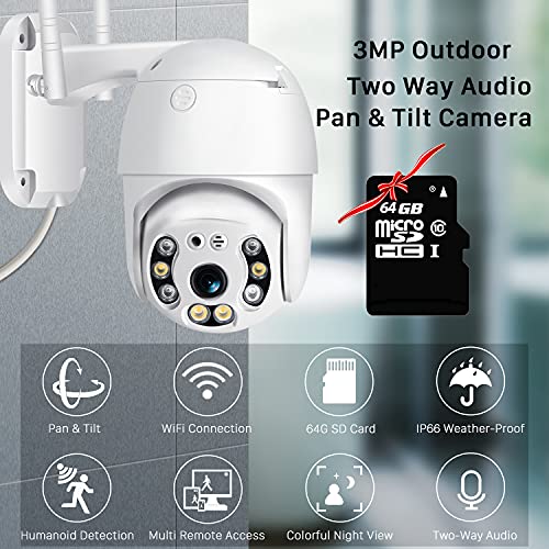 Camara Vigilancia WiFi Exterior con Tarjeta 64G, 3MP Camara IP WiFi Exterior Impermeable IP66 con Audio de Dos Vías,Visión Nocturna 60M en Color Detección de Movimiento