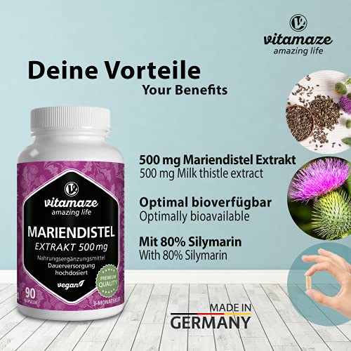 Cardo Mariano Cápsulas de Alta Dosis y Vegano, 90 Cápsulas para 3 Meses, 500 mg de Extracto con 80% de Silimarina, Suplemento Alimenticio Natural sin Aditivos, Calidad Alemana