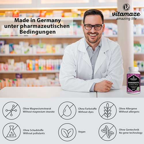 Cardo Mariano Cápsulas de Alta Dosis y Vegano, 90 Cápsulas para 3 Meses, 500 mg de Extracto con 80% de Silimarina, Suplemento Alimenticio Natural sin Aditivos, Calidad Alemana