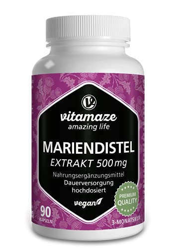 Cardo Mariano Cápsulas de Alta Dosis y Vegano, 90 Cápsulas para 3 Meses, 500 mg de Extracto con 80% de Silimarina, Suplemento Alimenticio Natural sin Aditivos, Calidad Alemana