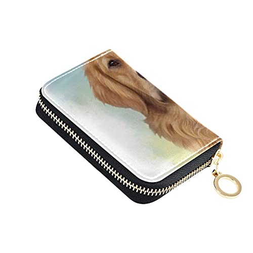 Cartera de Tarjeta, Perro guía Golden Retriever Discapacidad pequeña Cremallera de Cuero Estuche para Tarjeta de crédito Soporte para Pasaporte de Viaje para Hombres y Mujeres con Llavero