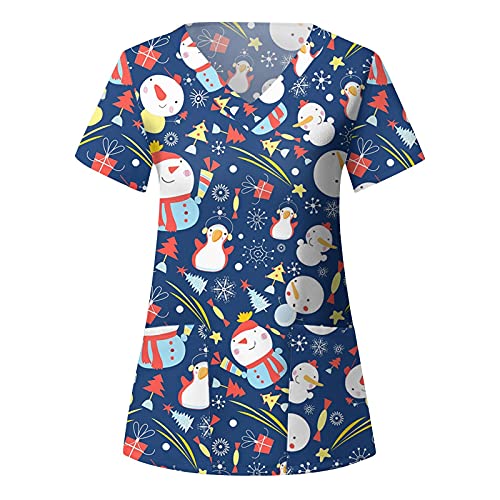 Casaca de Navidad para mujer, multicolor, con diseño de Navidad, con bolsillos, manga corta, cuello en V, ropa de trabajo, uniforme de enfermería, A01 azul., L