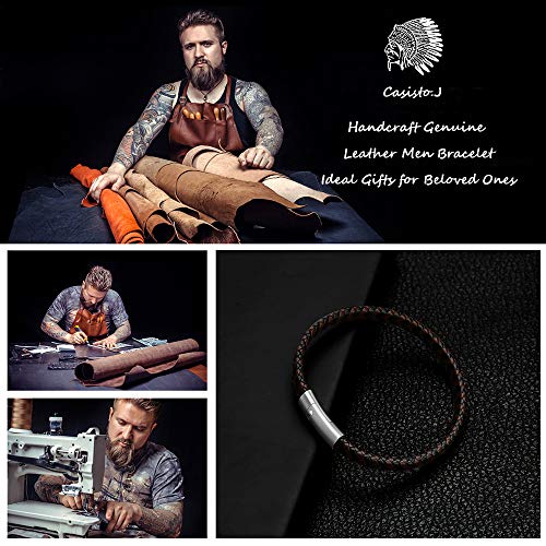 Casisto.J Pulsera cuero hombre - Pulsera trenzada hecha a mano clásica en negro y marrón con cierre magnético grabado Joyas gratis en caja (marrón&negro, 20)