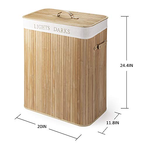 Cesto para la Colada de Bambú Cesto para Ropa Bambú 100 L Cestos para la Colada con Asas Cesta para Ropa Pelegable Saco extraíble para la Ropa Sucia con 2 Compartimentos Separados (Color madera)