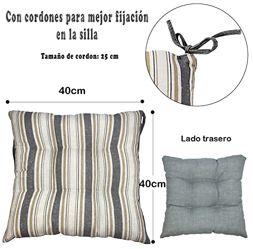 Cojines para Sillas, Pack de 4 Cojines Sillas Exterior Interior 40x40cm con Correas de Sujeción Respaldos de Asientos para el Jardín con Tiras de Contención (Gris)