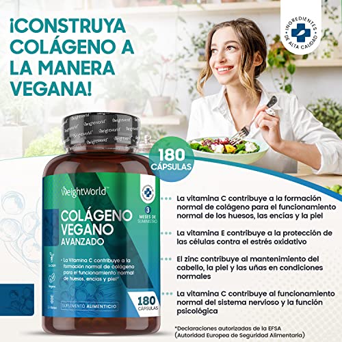 Colágeno Vegano 180 Cápsulas | Suplemento Con Resveratrol, Vitamina C, Zinc, Ácido Hialurónico y Vitamina E, Para Piel, Cartílago, Huesos y Articulaciones, Origen Vegetal Suministro 3 Meses