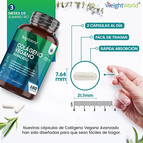 Colágeno Vegano 180 Cápsulas | Suplemento Con Resveratrol, Vitamina C, Zinc, Ácido Hialurónico y Vitamina E, Para Piel, Cartílago, Huesos y Articulaciones, Origen Vegetal Suministro 3 Meses