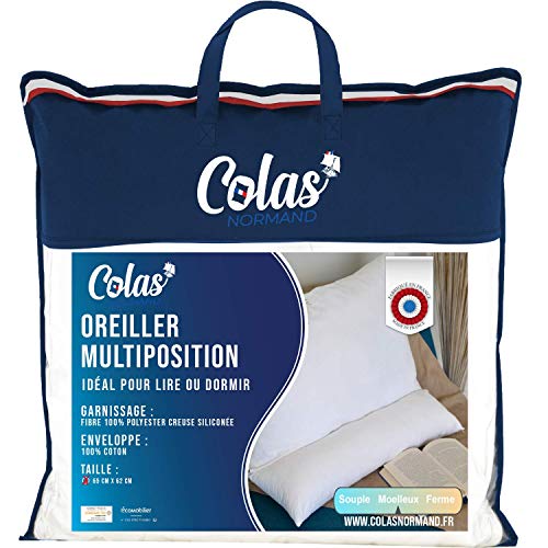 Colas Normand 73130237 Almohada Multipoción Suave, 62 x 65 cm, 100% Algodón, Ergonómica, Cojín de Lectura, Cuña de Respaldo, Sofá y Cama, Ajustable, Lavable, Fabricado en Francés, Color Blanco