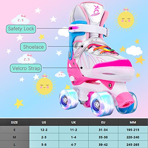 Colmanda Patines Roller, Patines 4 Ruedas Ajustables, Patines Niñas Niños, Patines de Ruedas para Adolescentes, Principiantes, 3 Tamaños (Rosa Blanco, S(31-34))