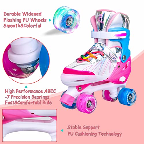 Colmanda Patines Roller, Patines 4 Ruedas Ajustables, Patines Niñas Niños, Patines de Ruedas para Adolescentes, Principiantes, 3 Tamaños (Rosa Blanco, S(31-34))