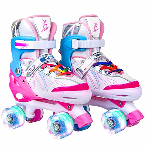 Colmanda Patines Roller, Patines 4 Ruedas Ajustables, Patines Niñas Niños, Patines de Ruedas para Adolescentes, Principiantes, 3 Tamaños (Rosa Blanco, S(31-34))