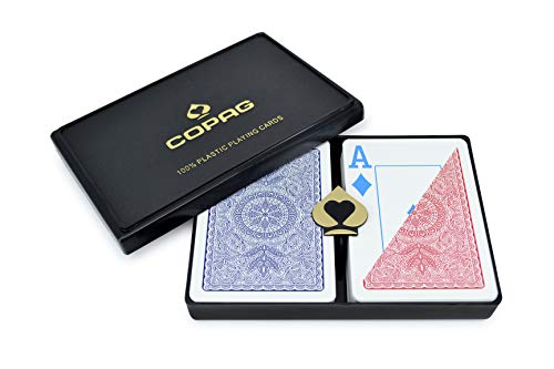 Copag 4-Color diseño 100% plástico jugando cartas, tamaño de póker Jumbo índice rojo/azul doble cubierta Set