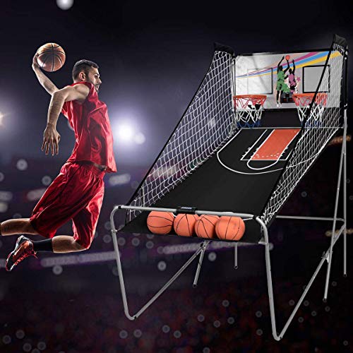 COSTWAY Juego de Canastas Plegable Máquina de Baloncesto Juguete Contador y Marcador Electrónico con Soporete Red Cesta de Baloncesto 4 Baloncestos