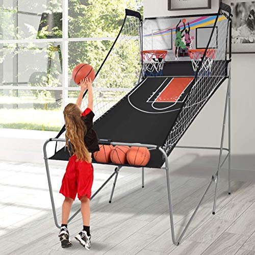 COSTWAY Juego de Canastas Plegable Máquina de Baloncesto Juguete Contador y Marcador Electrónico con Soporete Red Cesta de Baloncesto 4 Baloncestos