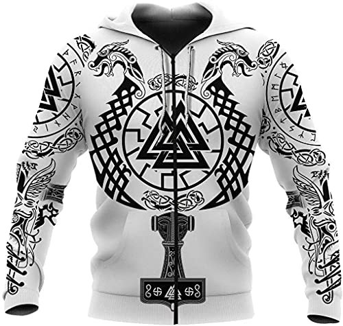 COZYJIA Sudadera con capucha y cremallera de dragón celta vikingo Mitología nórdica Sudadera de martillo de Odin Thor, suéter de rueda de sol con impresión 3D, chaqueta de manga larga de pareja de oto