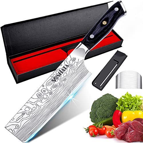 Cuchillos Cocina, Cuchillo de Cocina Nakiri 17.8cm Cuchillo Japones, Cuchillo Chef de Acero Inoxidable Alemán, Cuchillo de Cocinero Profesional con Protector de Dedos y Funda de Cuchillo