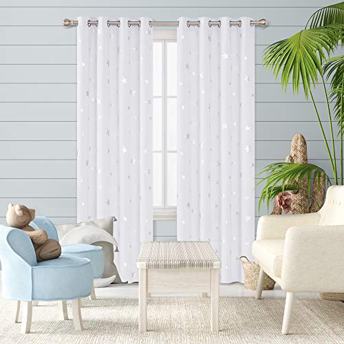 Deconovo Cortinas Opacas de Salón Térmicas Aislantes para Ventanas Infantiles Estrella Plateada 117 x 229 cm Gris Blanco