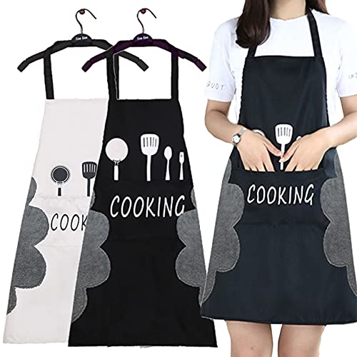 Delantal de Cocina,2 Pcs Adorable Delantales de Cocina Delantal Suave Negro y Rojo con Bolsillos Impermeable y FáCil de Limpiar Hecho de Tela Impermeable(El Negro,El Rojo y el Beige se EnvíAn al Azar)