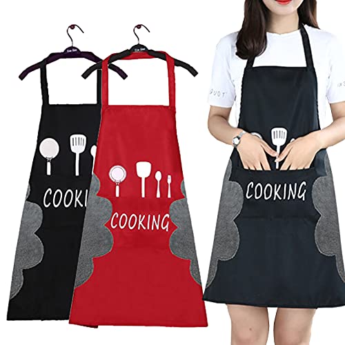 Delantal de Cocina,2 Pcs Adorable Delantales de Cocina Delantal Suave Negro y Rojo con Bolsillos Impermeable y FáCil de Limpiar Hecho de Tela Impermeable(El Negro,El Rojo y el Beige se EnvíAn al Azar)