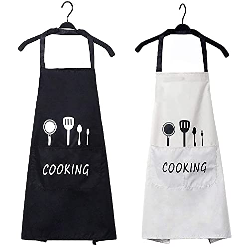 Delantales de Cocina,2 Piezas Delantal Cocina Mujer Delantales Impermeables para Cocina Ajustables para Mujeres Hombres,Delantal Chefs Cocina para Cocinar/Hornear(Negro,Blanco)