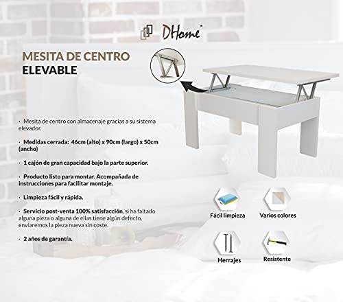 DHOME Mesa Centro elevable Salon o Comedor, mesilla café, mesita Madera con acabdo Blanco Roble Cambrian (Blanco, Mod. 4 Patas)