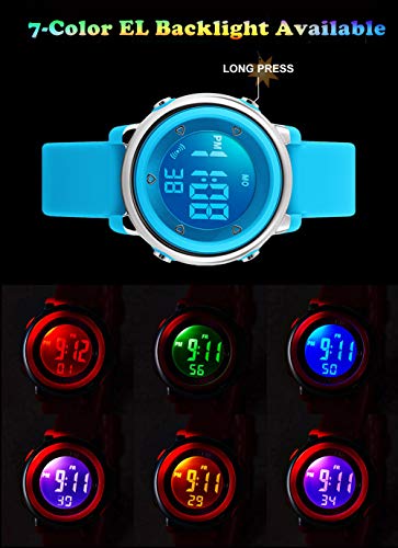 Digital Relojes para niños niñas, niños 5 ATM Resistente al Agua Reloj Deportivo con Alarma/Cronógrafo/7 LED Muestra para Deportes al Aire Libre muñeca Relojes para niños Azul