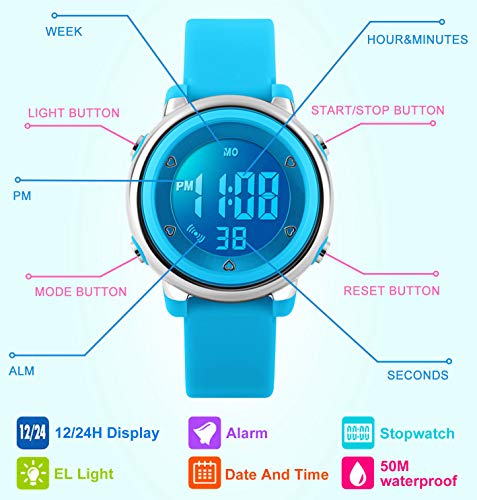 Digital Relojes para niños niñas, niños 5 ATM Resistente al Agua Reloj Deportivo con Alarma/Cronógrafo/7 LED Muestra para Deportes al Aire Libre muñeca Relojes para niños Azul