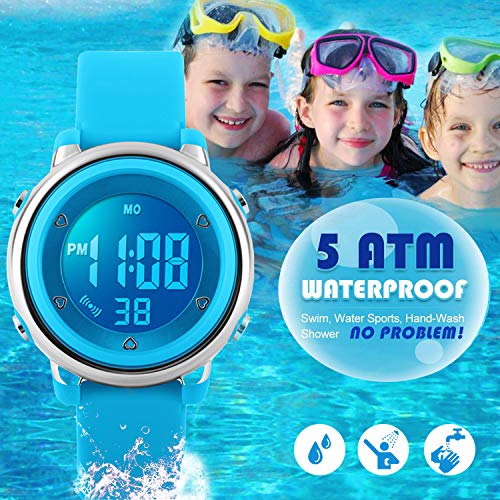 Digital Relojes para niños niñas, niños 5 ATM Resistente al Agua Reloj Deportivo con Alarma/Cronógrafo/7 LED Muestra para Deportes al Aire Libre muñeca Relojes para niños Azul