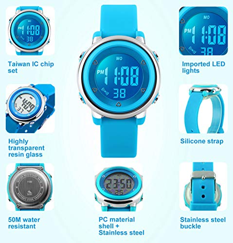 Digital Relojes para niños niñas, niños 5 ATM Resistente al Agua Reloj Deportivo con Alarma/Cronógrafo/7 LED Muestra para Deportes al Aire Libre muñeca Relojes para niños Azul