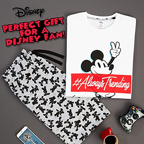 Disney Pijama Hombre, Mickey Mouse Pijamas Hombre de Algodon, Camiseta Manga Corta y Pantalon Largo, Regalos para Hombre y Adolescente Talla S-3XL (Blanco/Gris, M)