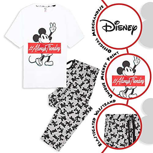 Disney Pijama Hombre, Mickey Mouse Pijamas Hombre de Algodon, Camiseta Manga Corta y Pantalon Largo, Regalos para Hombre y Adolescente Talla S-3XL (Blanco/Gris, M)