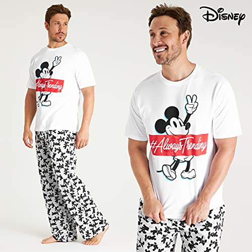 Disney Pijama Hombre, Mickey Mouse Pijamas Hombre de Algodon, Camiseta Manga Corta y Pantalon Largo, Regalos para Hombre y Adolescente Talla S-3XL (Blanco/Gris, M)