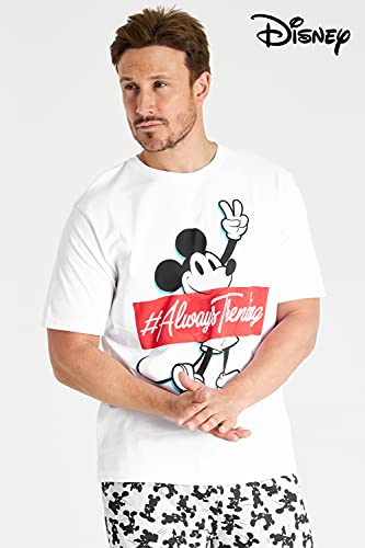 Disney Pijama Hombre, Mickey Mouse Pijamas Hombre de Algodon, Camiseta Manga Corta y Pantalon Largo, Regalos para Hombre y Adolescente Talla S-3XL (Blanco/Gris, M)