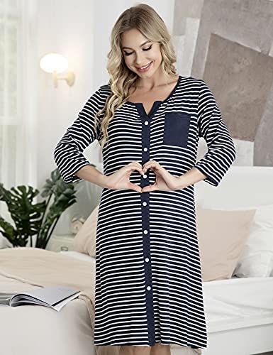 Doaraha Camisón de Lactancia Camisón de Maternidad Algodón para Mujer Camisón Lactancia con Botones a Rayas Camisón Embarazada Hospital Mangas 3/4 -Azul Marino-Tamaño XL