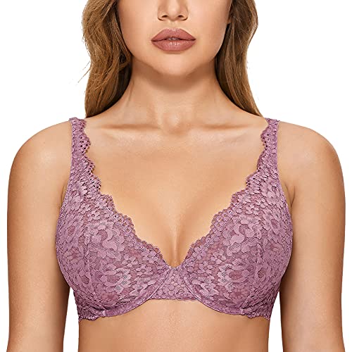 DOBREVA Sujetador Básico Flores Bralette de Encaje con Aros sin Relleno Rosa orquídea 90D