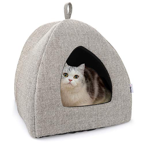 Docatgo Cama Gato Cueva Suave - Casa Gato Mediano Lavable con Cojín Desenfundable y Extraíble, Camas para Perros Pequeños 38x38x40cm, Gris Oscuro