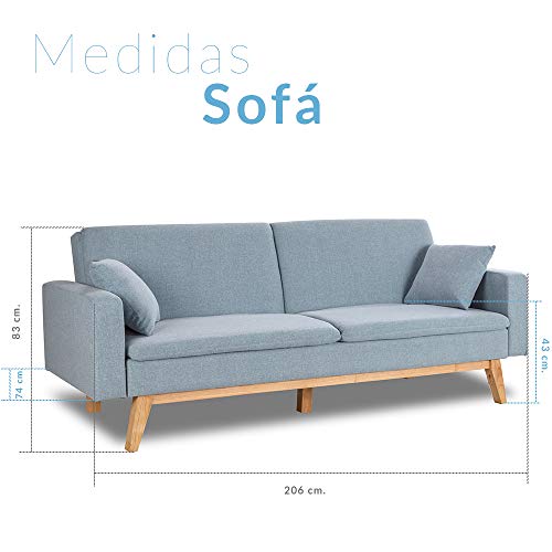 Don Descanso, Sofá Cama 3 plazas Reine, Tapizado en Tela, Color Azul Celeste, Sistema Apertura de Libro o Clic-clac, Medida sofá: 206x74x83 cm, Medida Cama: 206x99x83 cm, Incluye 2 Cojines