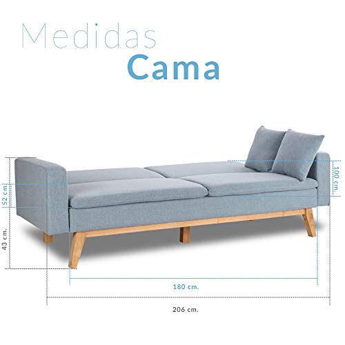 Don Descanso, Sofá Cama 3 plazas Reine, Tapizado en Tela, Color Azul Celeste, Sistema Apertura de Libro o Clic-clac, Medida sofá: 206x74x83 cm, Medida Cama: 206x99x83 cm, Incluye 2 Cojines