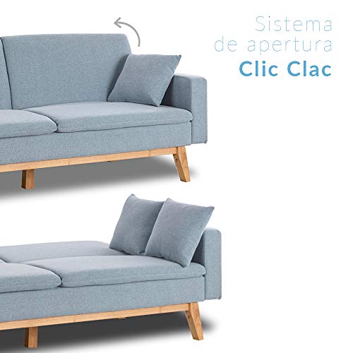 Don Descanso, Sofá Cama 3 plazas Reine, Tapizado en Tela, Color Azul Celeste, Sistema Apertura de Libro o Clic-clac, Medida sofá: 206x74x83 cm, Medida Cama: 206x99x83 cm, Incluye 2 Cojines