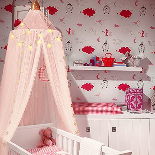 Dosel de Cama de Princesa de Red de Hilo Dosel de Corona de Cuna de Bebé Carpa Cúpula Transpirable Decoración Colgante Castillo con Cadena de Luz de Estrella 94,5 x 23,6 Pulgadas (Rosa)