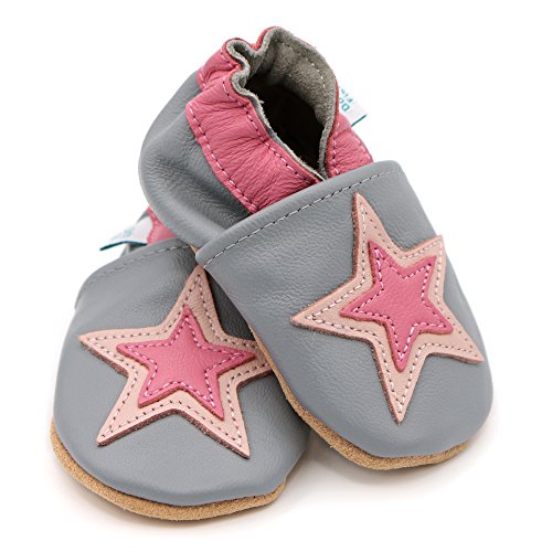 Dotty Fish Zapatos de Cuero Suave para bebés. Antideslizante. Estrella Gris y Rosa. 2-3 Años (25 EU)