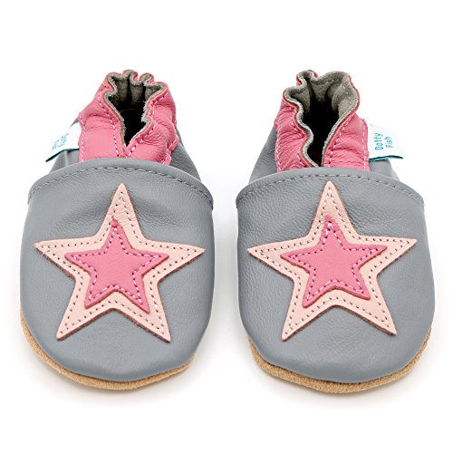 Dotty Fish Zapatos de Cuero Suave para bebés. Antideslizante. Estrella Gris y Rosa. 2-3 Años (25 EU)