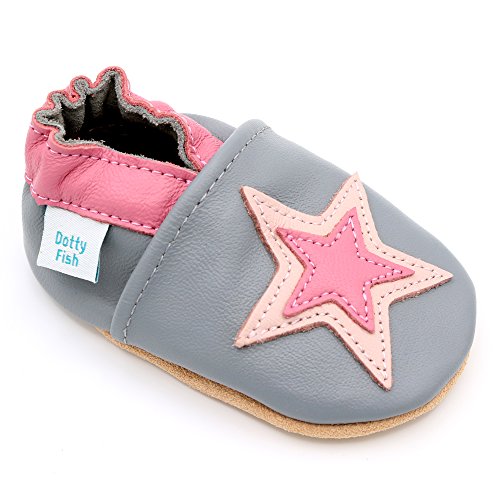 Dotty Fish Zapatos de Cuero Suave para bebés. Antideslizante. Estrella Gris y Rosa. 2-3 Años (25 EU)