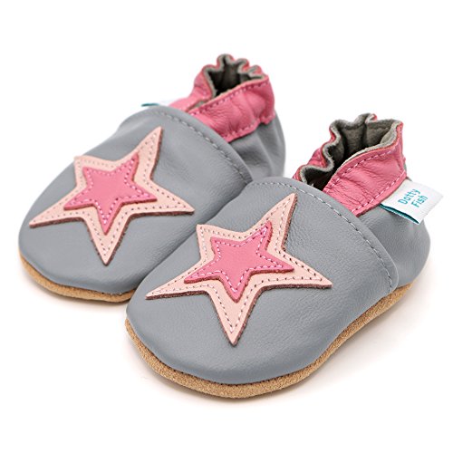 Dotty Fish Zapatos de Cuero Suave para bebés. Antideslizante. Estrella Gris y Rosa. 2-3 Años (25 EU)