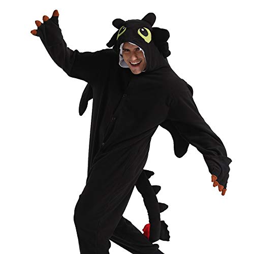 dressfan Animal Negro Dragón Siamese Pijamas Dragón Disfraz Cosplay Disfraz Navidad Halloween Pijamas Unisex Adulto Adolescente Niños (Negro, M(63"-66"))