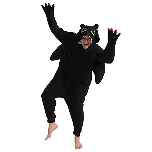 dressfan Animal Negro Dragón Siamese Pijamas Dragón Disfraz Cosplay Disfraz Navidad Halloween Pijamas Unisex Adulto Adolescente Niños (Negro, M(63"-66"))