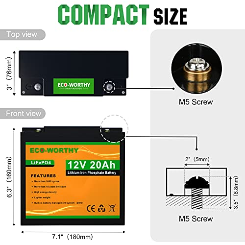 ECO-WORTHY 12V 20Ah Batería recargable de fosfato de litio y hierro LiFePO4 con más de 3000 veces de ciclo profundo y protección BMS para kit de panel solar, scooter, RV, marino, hogar, scooter